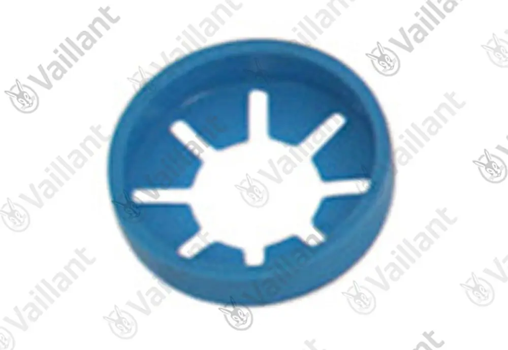 Blaue Rosette von Vaillant mit sechs Aussparungen, geeignet für technische Anwendungen. Rundes Design ohne erkennbare Maße oder Artikelnummer.